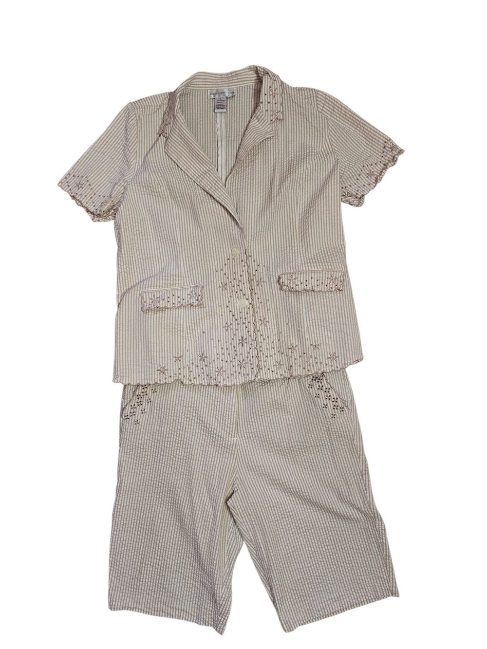 Susan Graver Cotton Embroidered Eyelet 2 Piece Striped Shorts Top Set Large